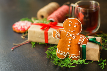 gingerbread cookies, christmas atmosphere (new year holiday, sweets) menu concept. food background. copy space. Top view