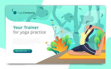 web page template of yoga trainer do exercise in open nature. Easy to edit and customize. Vector illustration. Eps10