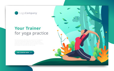 web page template of yoga trainer do exercise in open nature. Easy to edit and customize. Vector illustration. Eps10