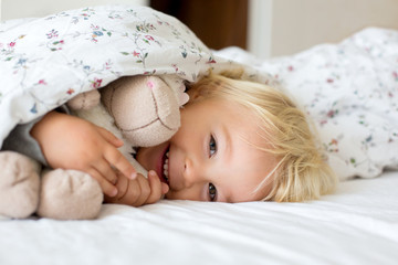 Little toddle boy, playing with teddy toy, hiding under the cover in bed
