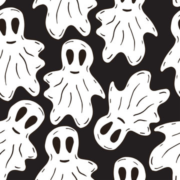 Halloween pattern with funny ghosts pattern. Seamless spooky background in cartoon style. Wrapping or textile design. Black and white halloween .