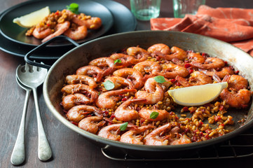 Spanish Seafood Paella in Traditional Pan