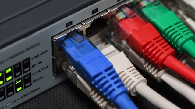 Male Hand Inserts The Yellow Data Lan Cable rj45 Into Network Switch in Data Center. 4K UHD Video.