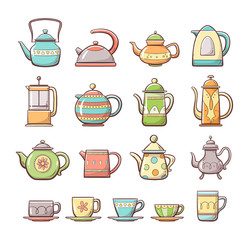 Cute hand drawn teapots and cups collection, including different types of ornamented teapots, milk and water mugs  and tea and coffee cups. Colorful outline collection.