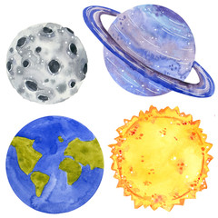 Space clipart set, hand drawn watercolor illustration isolated on white.