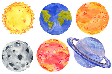 Space clipart set, hand drawn watercolor illustration isolated on white.