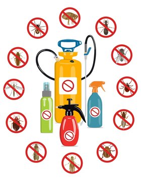 Multi-colored bottle sprayers against harmful insects. Vector illustration.