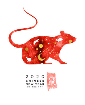 Chinese New Year 2020 red watercolor astrology rat