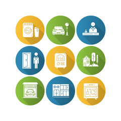 Apartment amenities flat design long shadow glyph icons set. Laundry, dishwasher, central heater. Reception, doorman. Car parking garage, gym, small house. Vector silhouette illustration