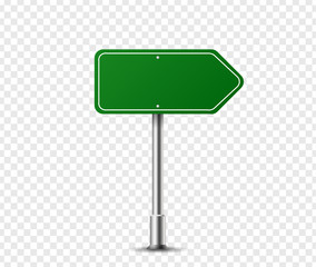 Realistic arrow traffic sign on metal steel pole isolated. Green road panel mockup - direction highway, board text, city location, street arrow, stop, danger, warning signage. Vector illustration