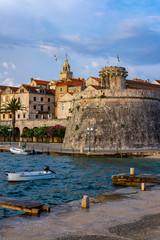 View on picturesque and historic fortified Korcula old town with blue sky and Adriatic see, Korcula Island, Dalmatia, Croatia