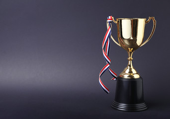 Golden trophy cup with ribbon on grey background. Space for text