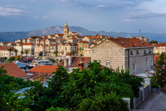 View on picturesque and historic Korcula old town with blue sky, Korcula Island, Dalmatia, Croatia © Mislav