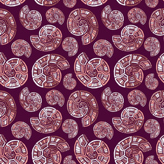 Ornamental shells seamless pattern. Spiral background in marsala colors. Ornate Seashells pattern for textile design.