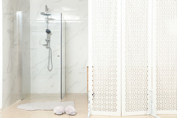 Modern bathroom interior with shower stall and folding screen - obrazy, fototapety, plakaty