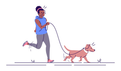 Jogging woman with dog flat vector illustration. Fitness, sport activity. Attractive african american girl running with pet isolated cartoon characters with outline elements on white background