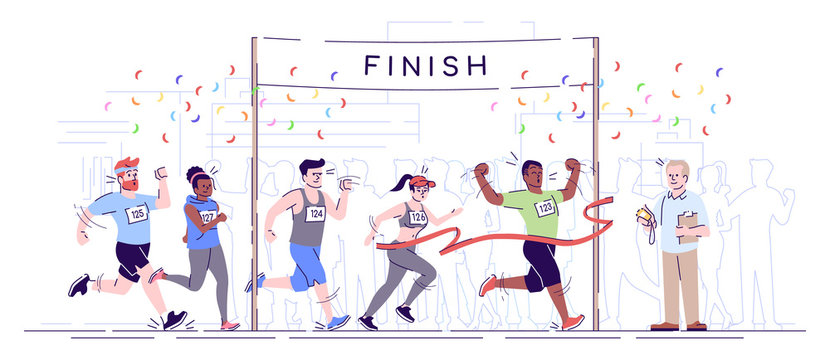 Marathon finish flat vector illustration. City footrace. Runners in final of competition. Endurance contest. Joggers cross finish line isolated cartoon character on white background