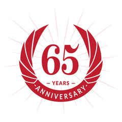 65th years anniversary celebration design. Sixty-five years logotype. Red vector and illustration.