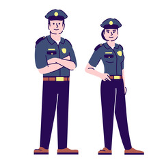Fototapeta Policeman and policewoman flat vector characters. Police officers, cop in uniform cartoon illustration with outline. Sheriffs, inspectors. Security guard, police patrol workers isolated on white obraz