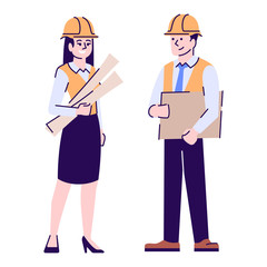 Architects flat vector characters. Construction project professional engineer and contractor with blueprints cartoon illustration with outline. Woman and man builders isolated on white background