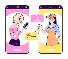 Cleaning service online order smartphone cartoon app screen. Mobile phone displays with flat characters design mockup. Woman hiring cleaner via telephone application interface. Vector illustration