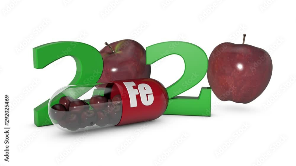 Poster 3d animation of the date 2020 new year formed from a capsule with trace elements of iron and two app