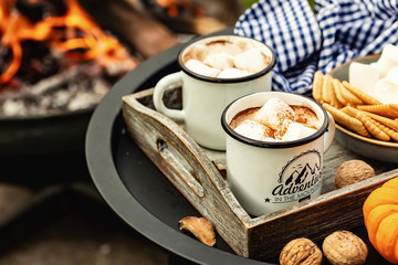 two cup of cocoa or hot chocolate and skewers of roasted marshmallows over campfire. autumn holidays outdoors treats