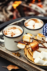 two cup of cocoa or hot chocolate and skewers of roasted marshmallows over campfire. autumn holidays outdoors treats