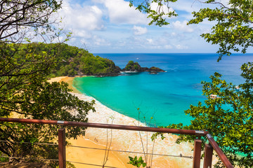 Baia do Sancho, consistently ranked one of the world's best beaches, in Fernando de Noronha, Brazil, from a view point