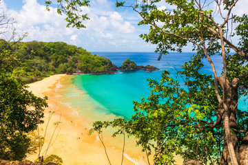 Aerial view of Baia do Sancho beach in Fernando de Noronha, Brazil, consistently ranked one of the world's best beaches