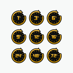 Clock arrow 1, 3, 6, 9, 12, 16, 24, 48, 72 hours. Set of delivery service time icons.