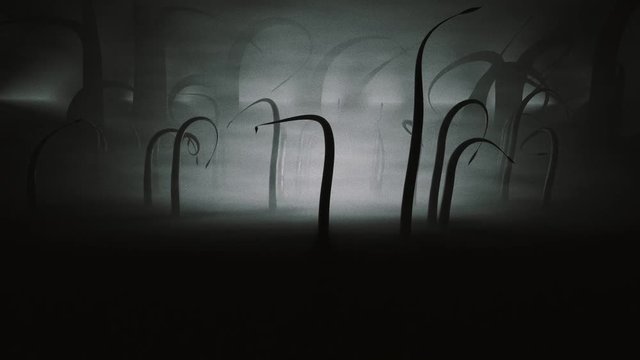Horror mysterious landscape with strange tentacle field ondulating in the wind on foggy night, old grainy style.