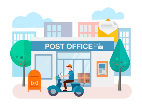 Post office building with mailbox outside and ATM on the wall of the building and delivery worker on motorcycle.