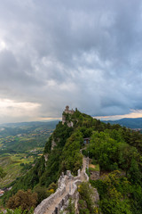 Fototapeta na wymiar View of the Cesta or Second Tower of San Marino, It was constructed in the 13th century on the remains of an older Roman fort, located on the highest of Monte Titano's summits.