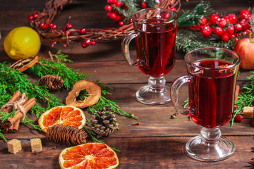 Fototapeta na wymiar mulled wine with fruits, festive drink New Year and Christmas (grog, tasty wine-based drink) menu concept. food background. copy space. Top view