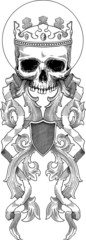 Black and white vector illustration of skull in crown decorated with baroque style ornament