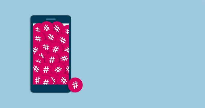 Hashtags falling into a smartphone