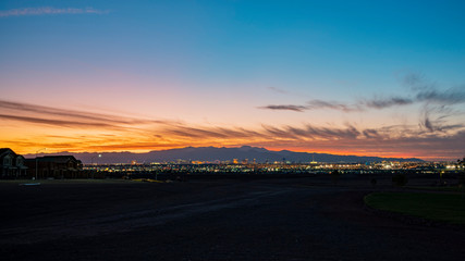 Aerial sunset high angle view of the downtown Las Vegas Strip