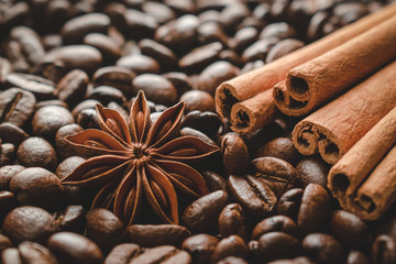Obraz na płótnie Canvas Coffee beans cinnamon and star anise. Whole grains with spices