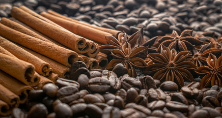 Coffee beans cinnamon and star anise. Whole grains with spices