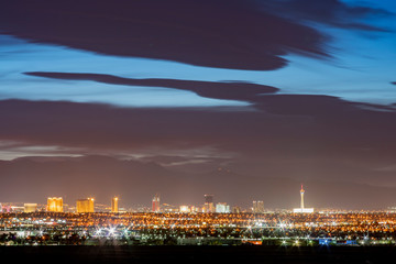 Fototapeta premium Aerial sunset high angle view of the downtown Las Vegas Strip