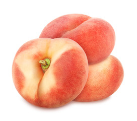 Composition with juicy flat peaches isolated on white background.
