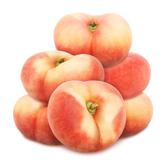 Heap of whole flat peaches isolated on white background. As design element.