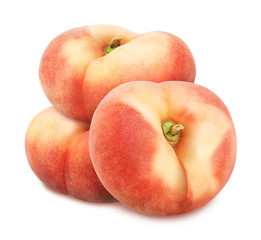 Composition with juicy flat peaches isolated on white background.