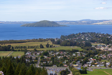 aerial view of Rotorua lake and town