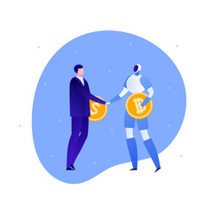 Obraz na płótnie Canvas Vector flat business robot person illustration. Businessman handshake with robot holding dollar and bitcoin. Concept of using ai in finance. Design element for banner, poster, infographic, web.