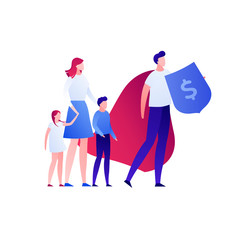 Vector flat business insurance person illustration. Family and super hero defender agent isolated on white. Concept of finance advisor, protection. Design element for banner, poster, infographic, web