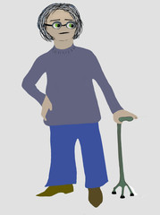 Cartoon woman walking cane