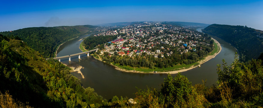 top view of the city Zalishchyky on the Dniester river