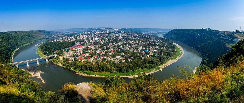 top view of the city Zalishchyky on the Dniester river